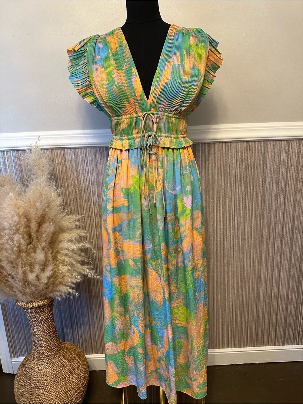 Current Air Pleated Floral Midi Dress XS Ruffle Sleeve Tie Front Garden Resort